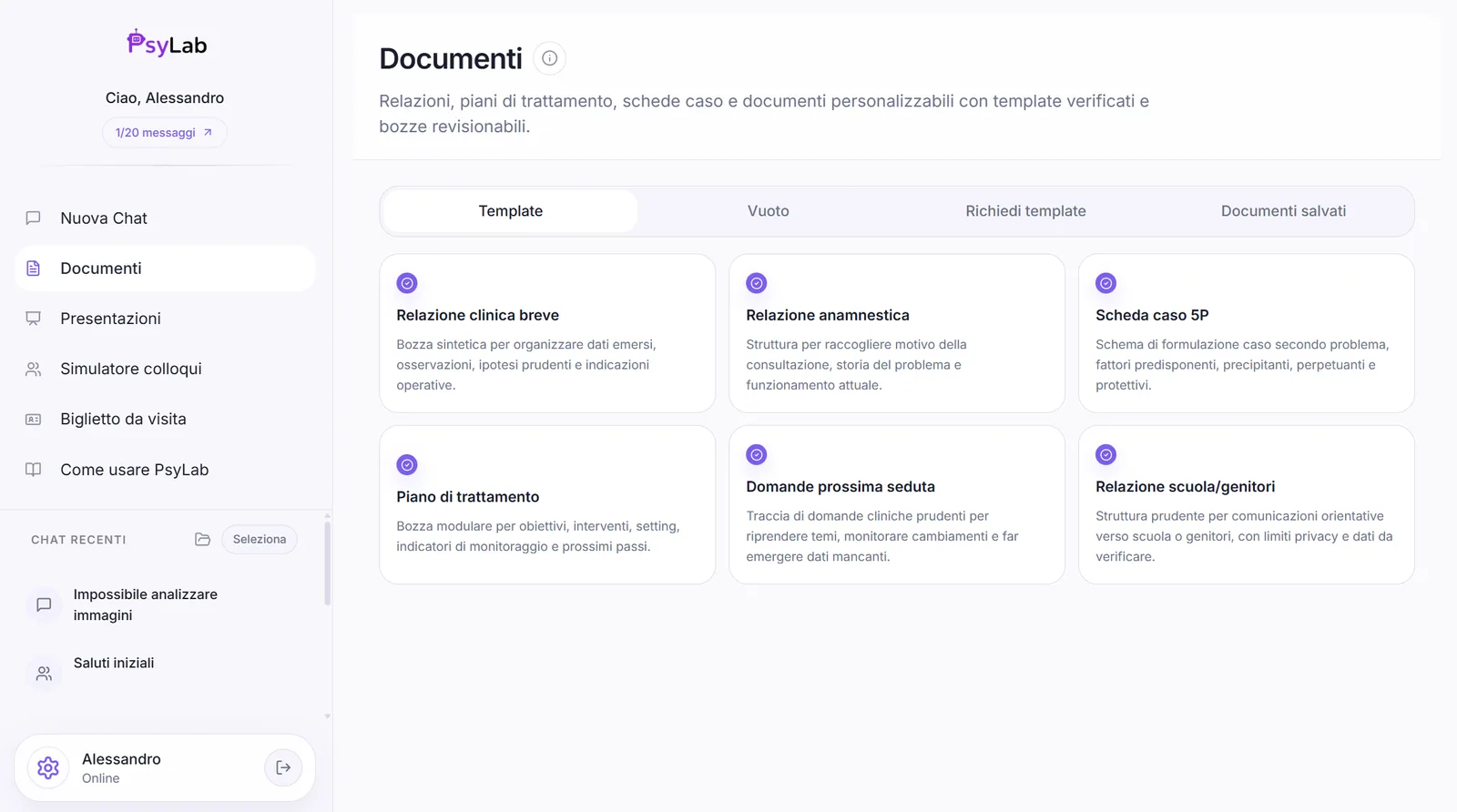 Area documenti di PsyLab con template clinici