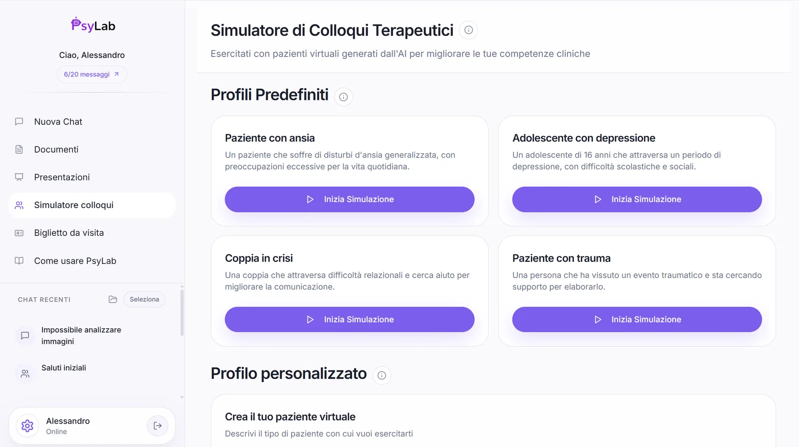 Simulatore di colloqui terapeutici in PsyLab