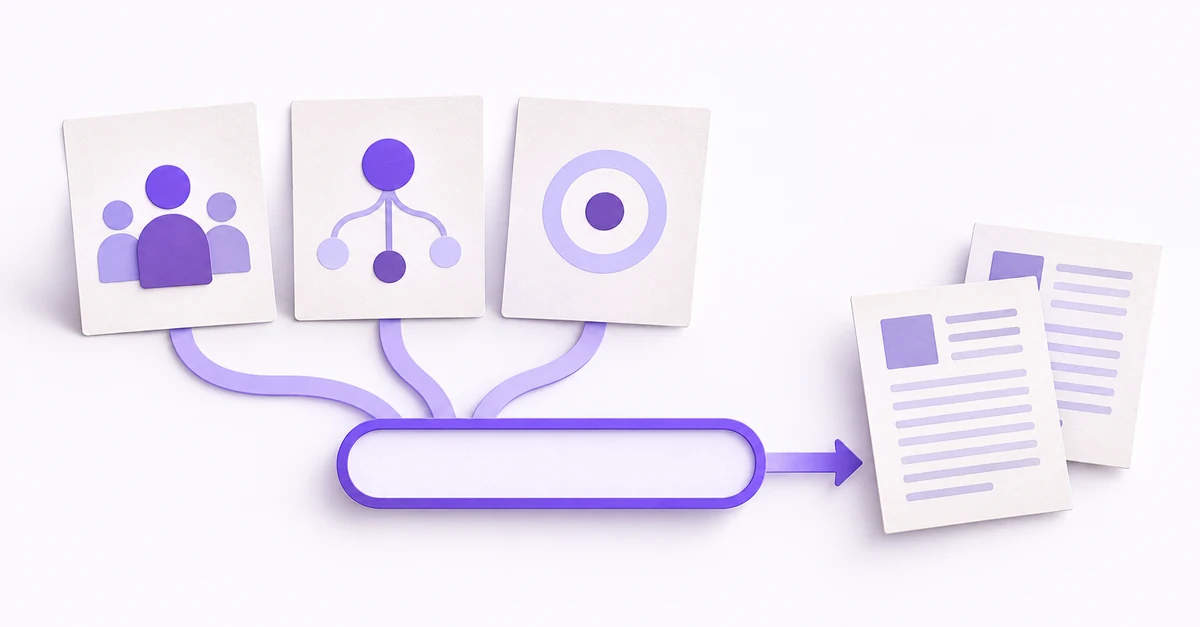 Tres fichas con símbolos de personas, conceptos y objetivo convergen en un campo de búsqueda violeta conectado a dos artículos.