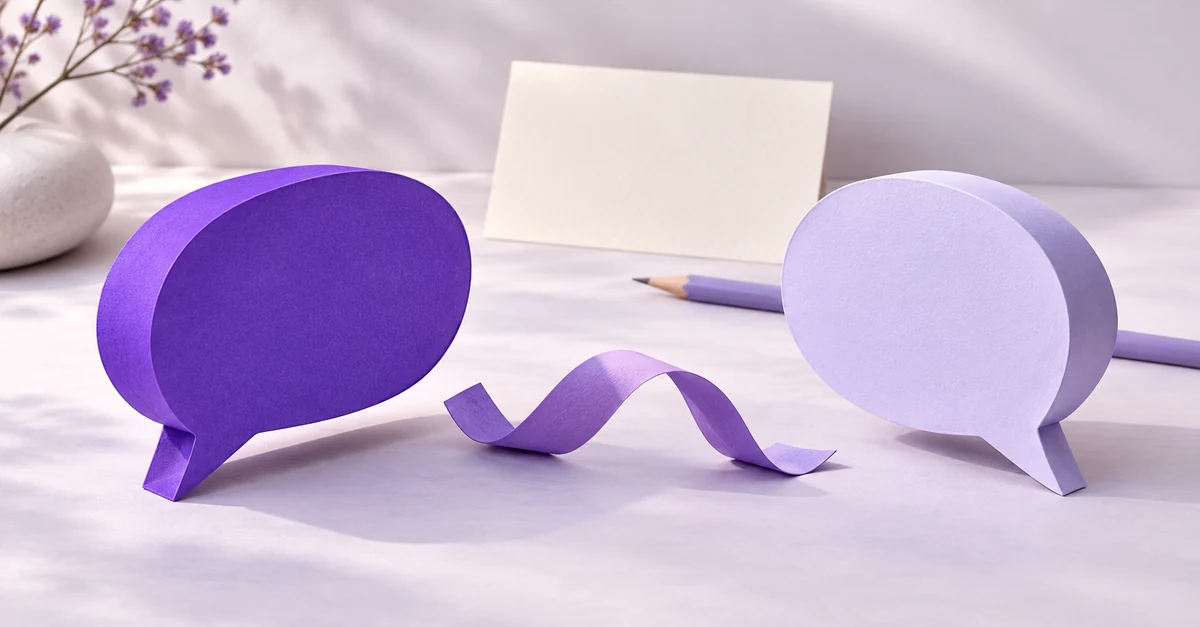 Dos bocadillos de papel morado y lila con una cinta ondulada entre ellos, delante de una tarjeta crema, un lápiz y flores pequeñas.