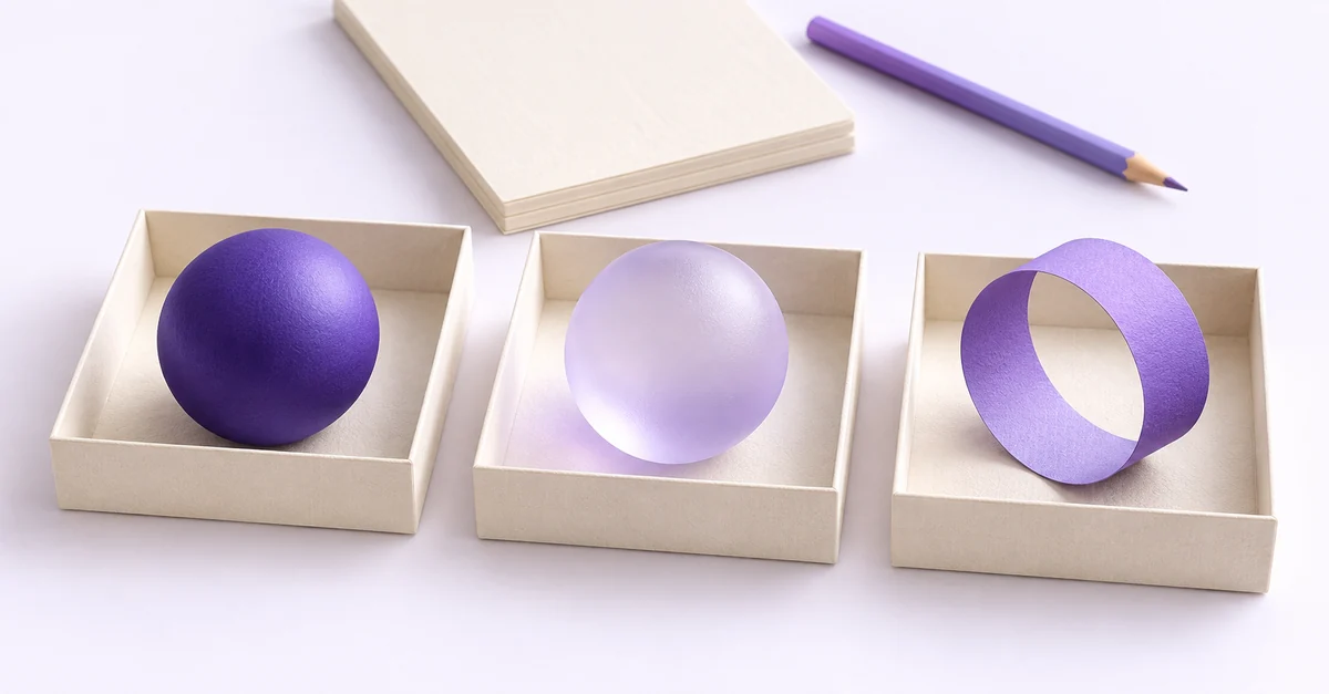 Tres bandejas de papel crema contienen una esfera morada, una esfera lila y un aro de papel morado, delante de un bloc y un lápiz.