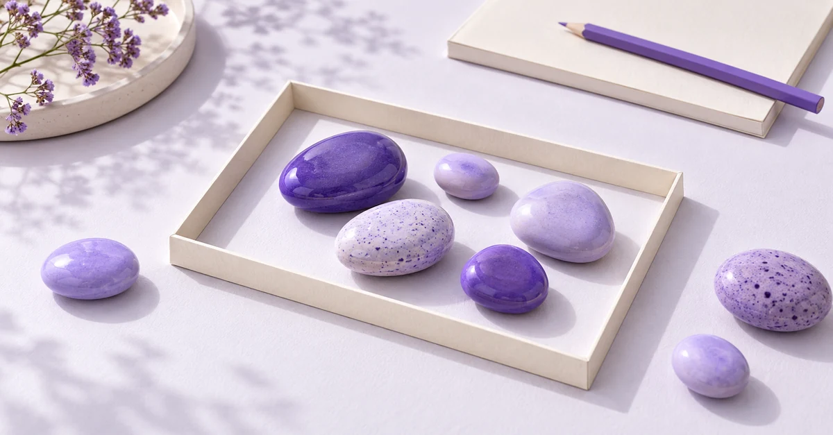 Purple and lilac pebbles inside and outside a cream paper frame, with a notepad, purple pencil and small flowers in the background.