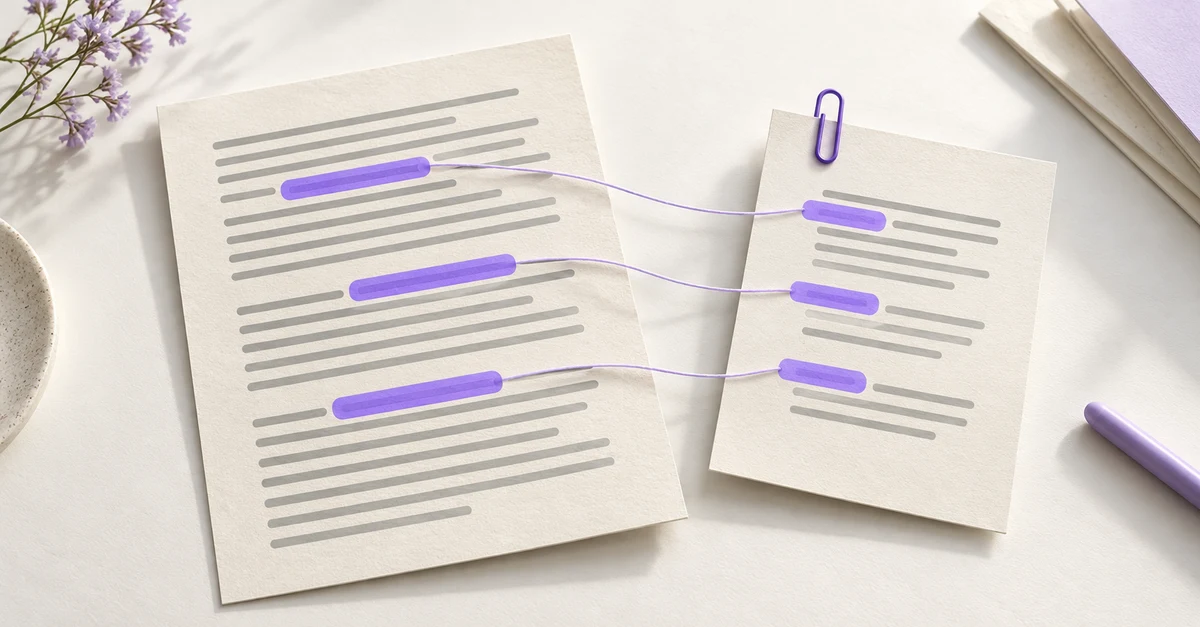 Tres pasajes morados de una página se conectan con hilos lilas a tres marcas correspondientes en una ficha de resumen, junto a un clip morado.