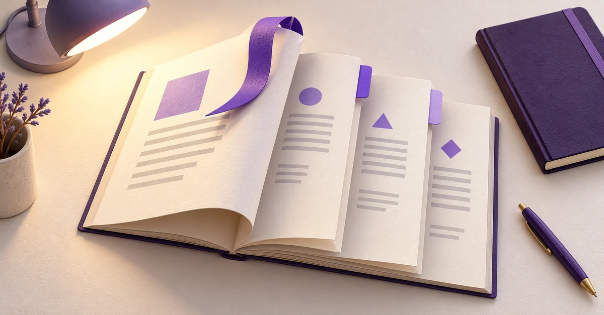 Un documento abierto con páginas levantadas y marcadores violetas, iluminado por una lámpara, junto a un cuaderno cerrado y un bolígrafo.